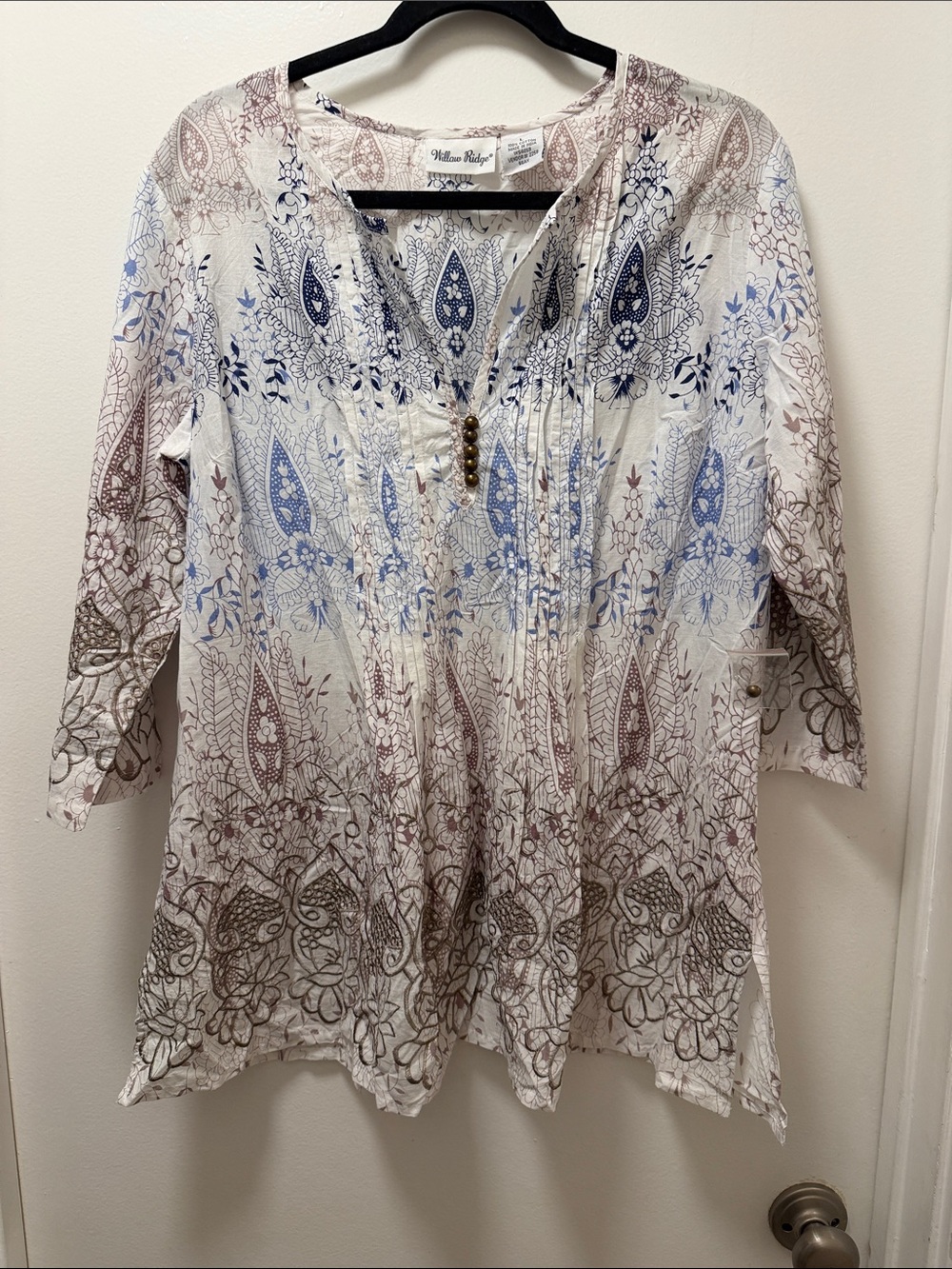 Willow Ridge Cream Tunic with Blue and Brown Paisley Print